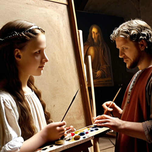 **Prompt:** "Renaissance art studio. Leonardo da Vinci teaching a young apprentice painting techniques. Emphasis on individual talent and practical skill."