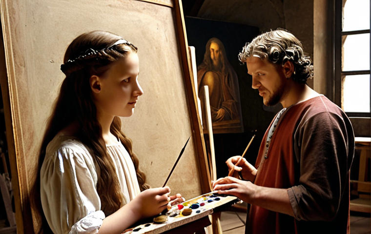 **Prompt:** "Renaissance art studio. Leonardo da Vinci teaching a young apprentice painting techniques. Emphasis on individual talent and practical skill."